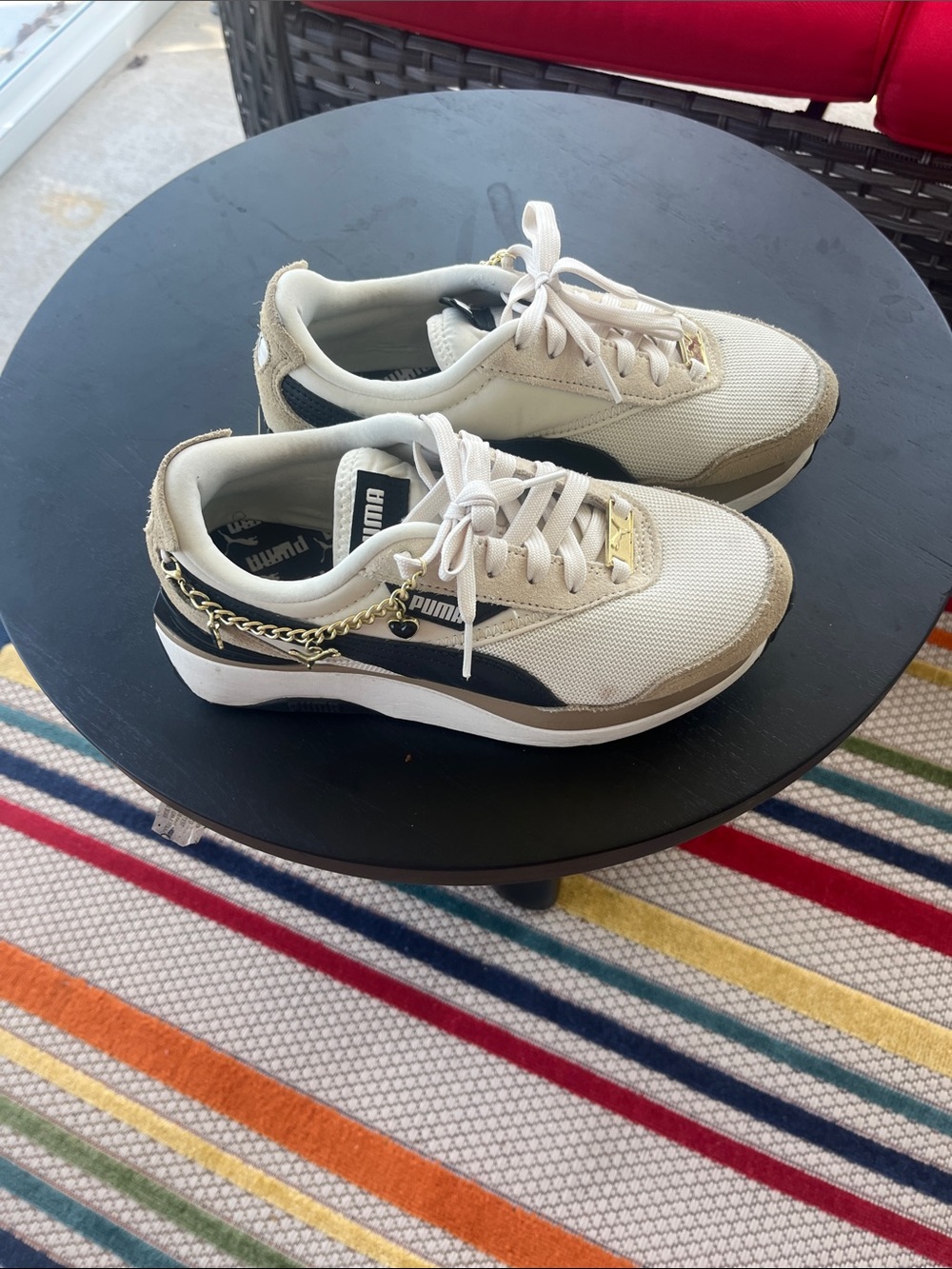 Puma Women’s Beige, Black & White Platform Sneakers with Gold Chain Accent
